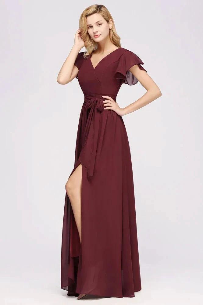 Elegant A-line V-Neck Short Sleeve Bridesmaid Dresses with Bow Sash Floor-Length Chiffon Evening Dress by misshow.com