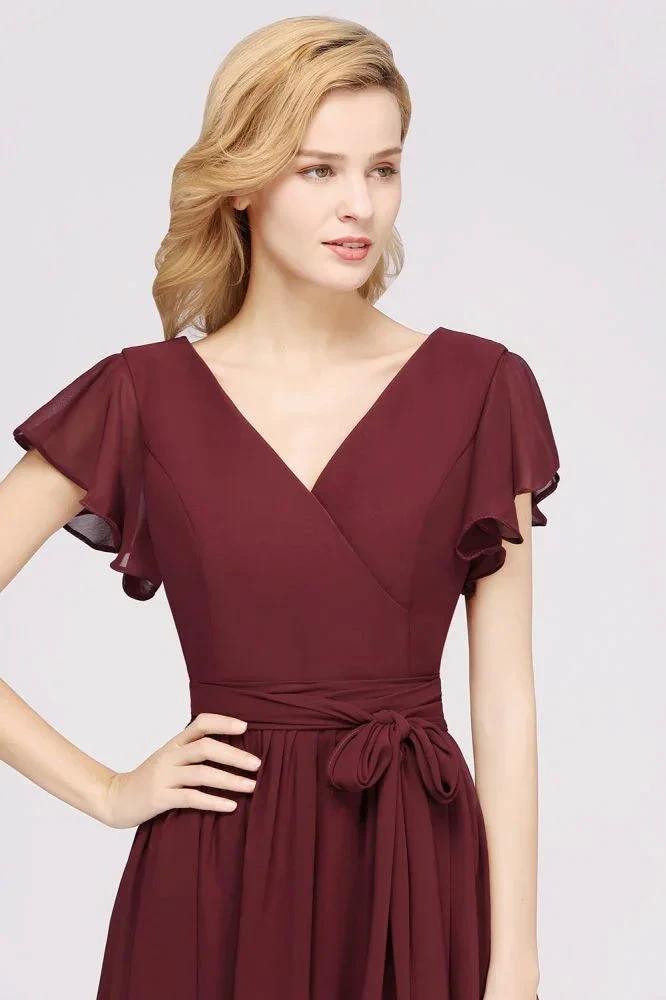 Elegant A-line V-Neck Short Sleeve Bridesmaid Dresses with Bow Sash Floor-Length Chiffon Evening Dress by misshow.com