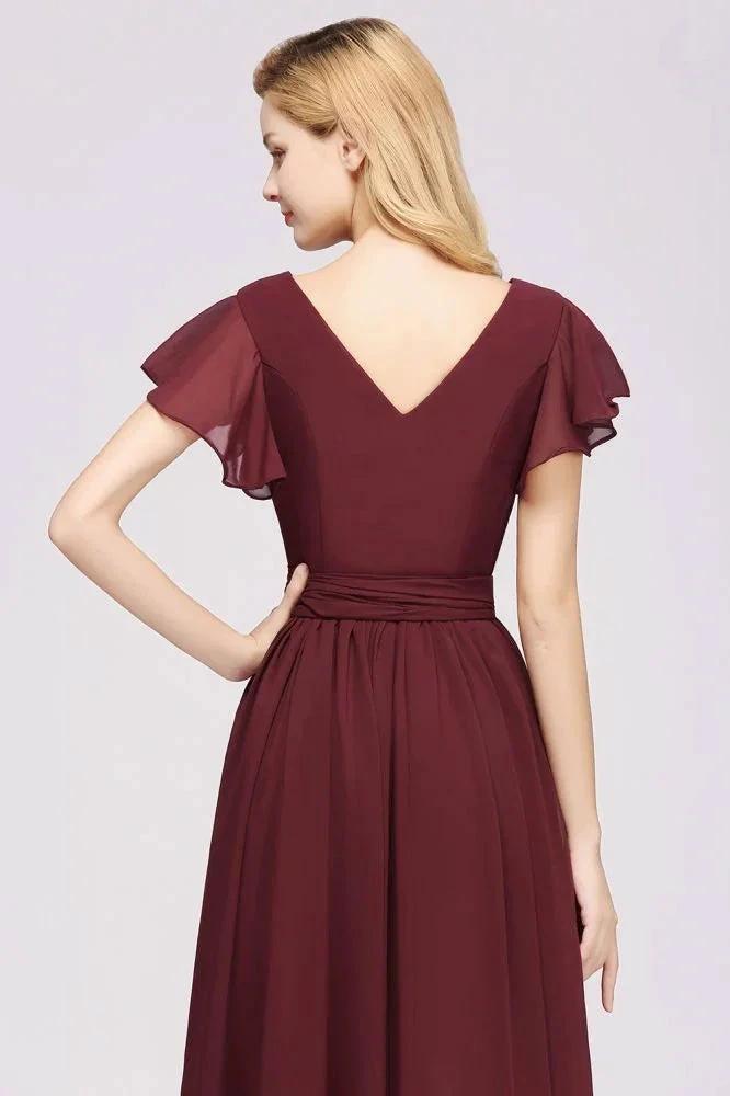 Elegant A-line V-Neck Short Sleeve Bridesmaid Dresses with Bow Sash Floor-Length Chiffon Evening Dress by misshow.com