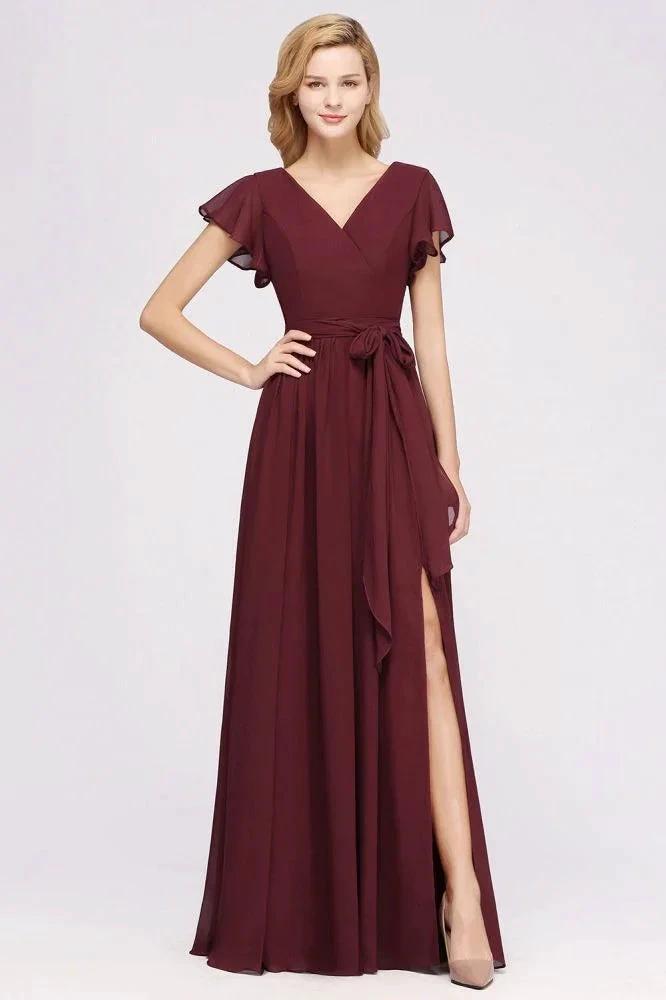 Elegant A-line V-Neck Short Sleeve Bridesmaid Dresses with Bow Sash Floor-Length Chiffon Evening Dress by misshow.com
