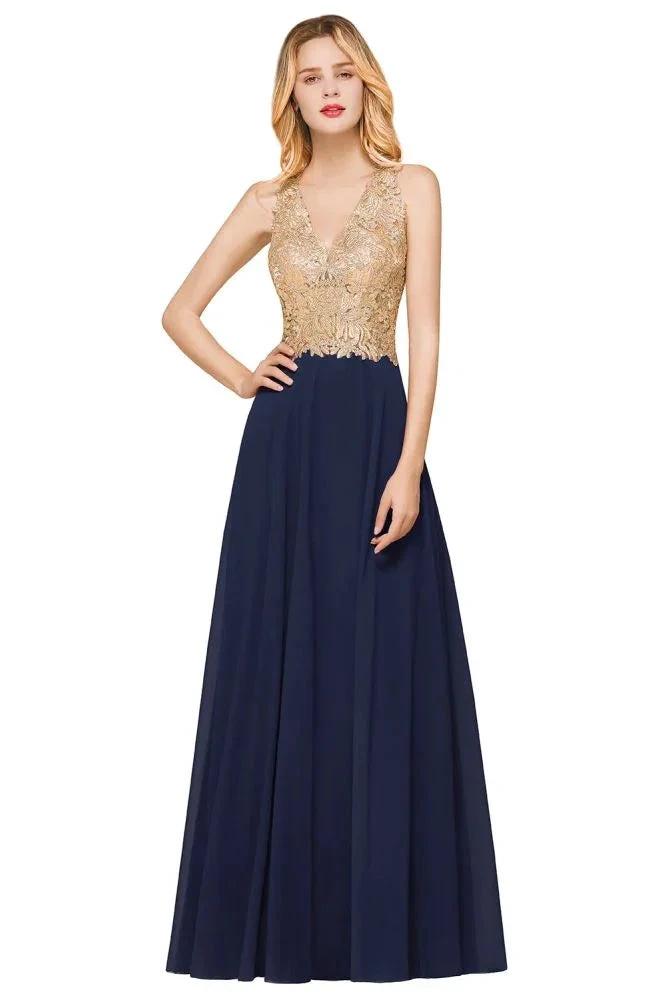 Vestido formal de noche con apliques dorados para mujer, vestido largo de gasa con encaje para baile de graduación