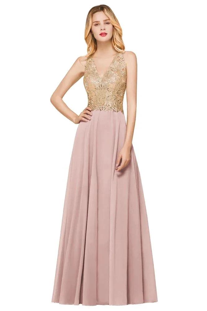 Vestido formal de noche con apliques dorados para mujer, vestido largo de gasa con encaje para baile de graduación