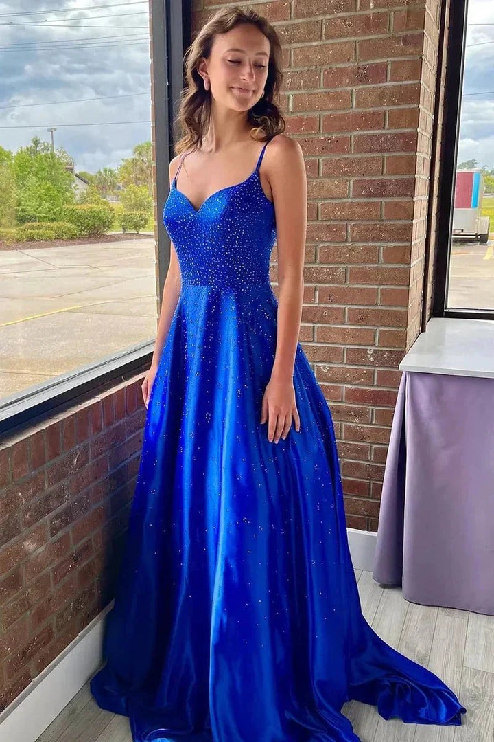 Misty | A Line V Neck Satin Long Prom Dresses with Beading by KissProm