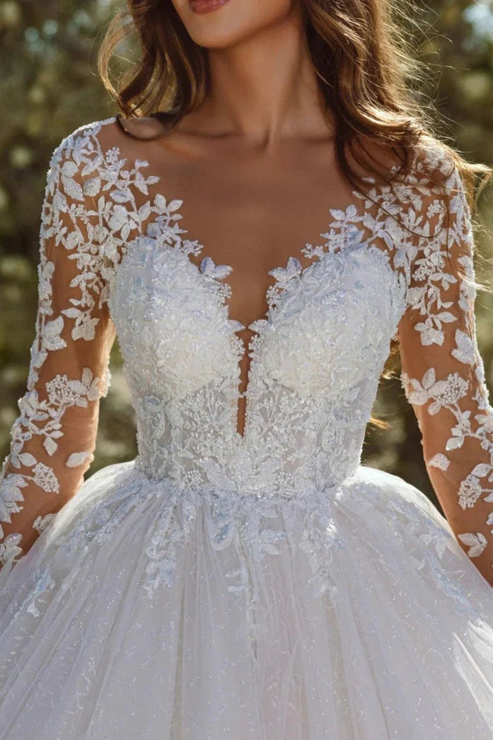 Modern A-line Lace Tulle Appliques Wedding Dress With Long Sleeves by misshow.com