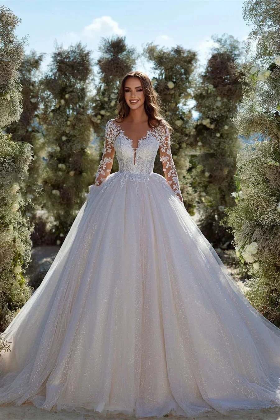 Modern A-line Lace Tulle Appliques Wedding Dress With Long Sleeves by misshow.com