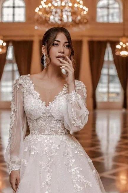 Modern A-line V-neck Lace Wedding Dresses With Long Sleeves by misshow.com