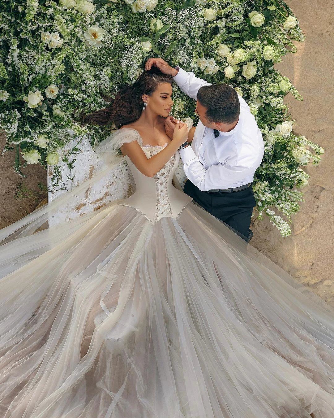 Modern Long A-line Off-the-shoulder Sleeveless Tulle Corset Wedding Dress by misshow.com