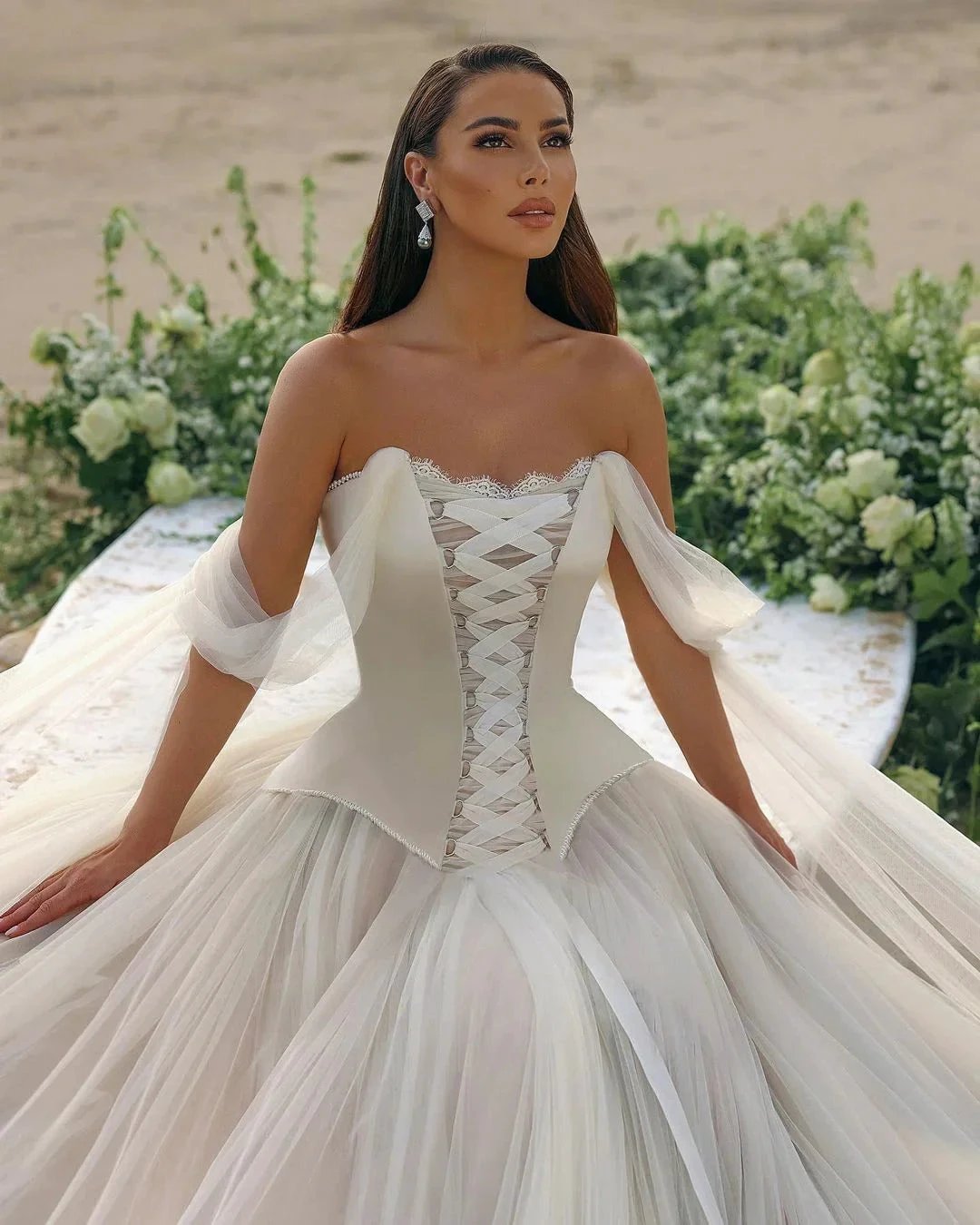 Modern Long A-line Off-the-shoulder Sleeveless Tulle Corset Wedding Dress by misshow.com