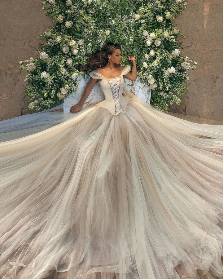 Modern Long A-line Off-the-shoulder Sleeveless Tulle Corset Wedding Dress by misshow.com