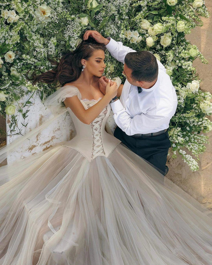 Modern Long A-line Off-the-shoulder Sleeveless Tulle Corset Wedding Dress by misshow.com