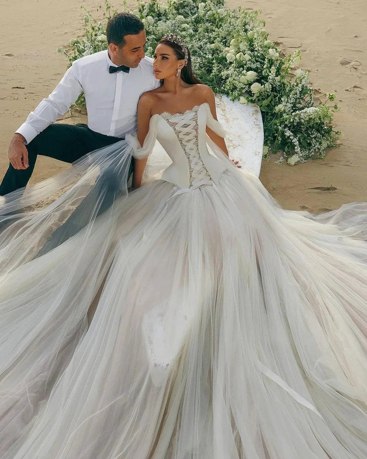 Modern Long A-line Off-the-shoulder Sleeveless Tulle Corset Wedding Dress by misshow.com