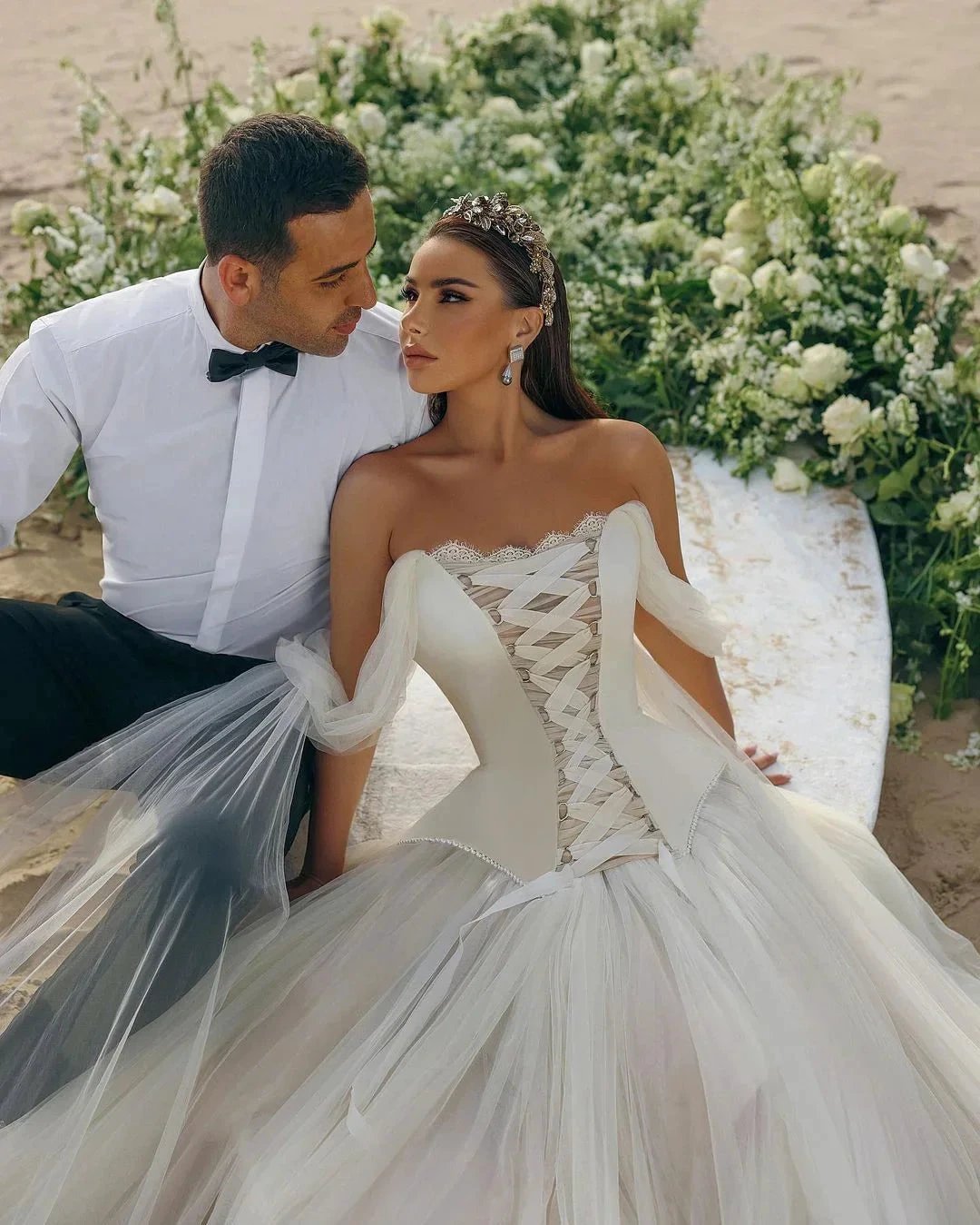 Modern Long A-line Off-the-shoulder Sleeveless Tulle Corset Wedding Dress by misshow.com