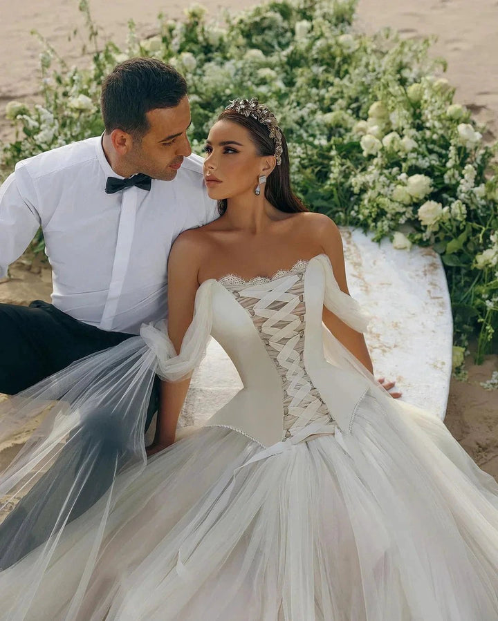 Modern Long A-line Off-the-shoulder Sleeveless Tulle Corset Wedding Dress by misshow.com