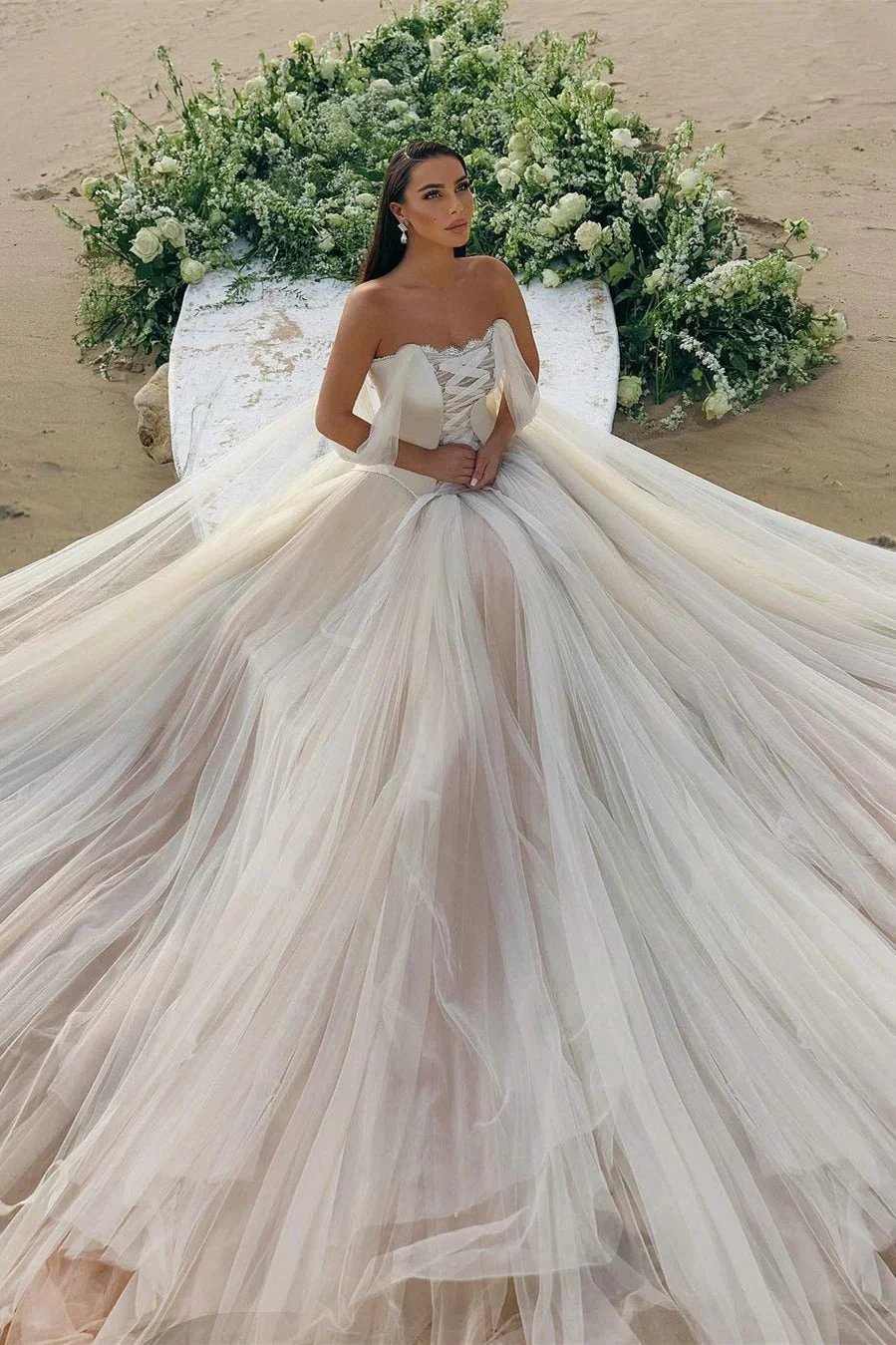 Modern Long A-line Off-the-shoulder Sleeveless Tulle Corset Wedding Dress by misshow.com
