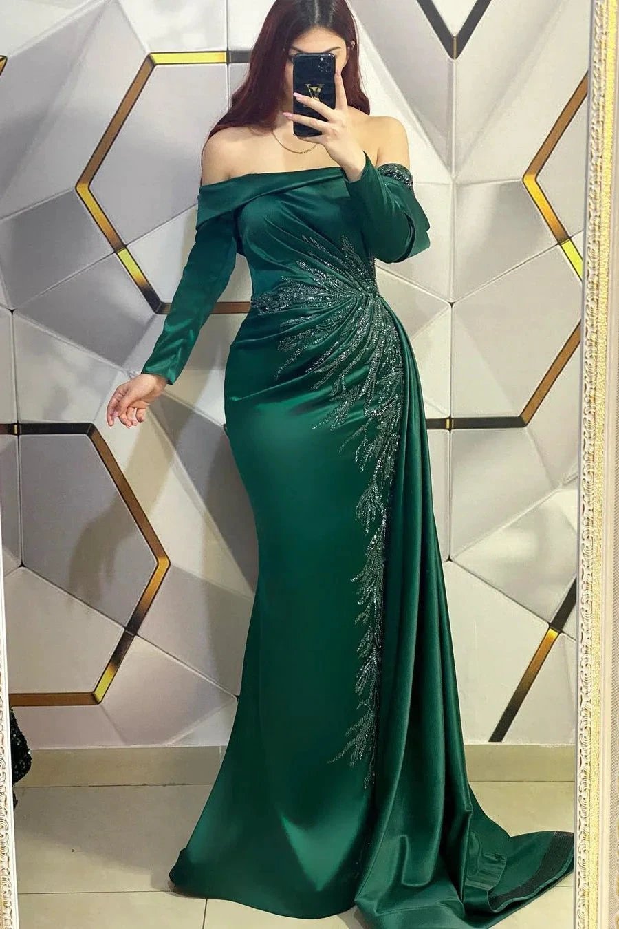 Modern Long Dark Green Mermaid Off-the-shoulder Lace Prom Dress With Long Sleeves by misshow.com