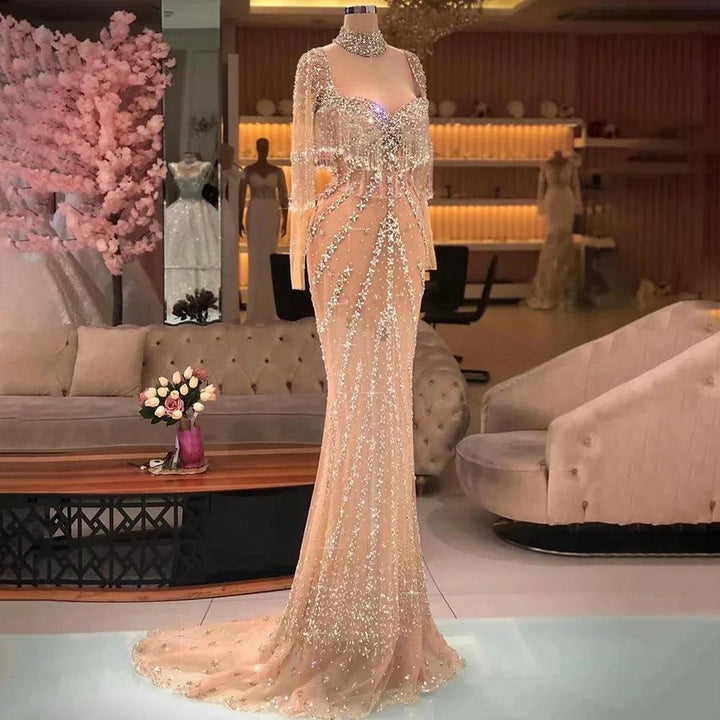 Modern Long Mermaid Beading Long Sleeves Prom Dress With Train by misshow.com