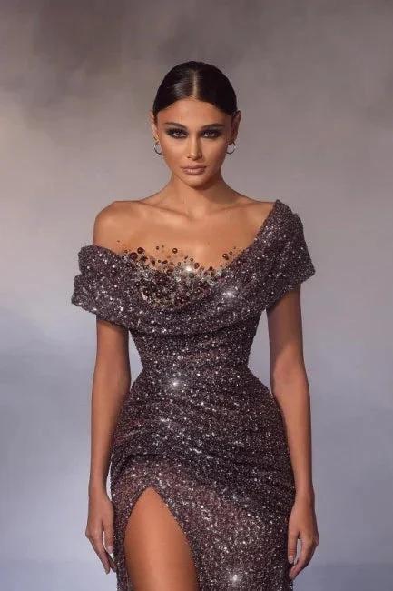 Modern Long Mermaid Off-the-shoulder Sequined Beading Prom Dress with Slit by misshow.com