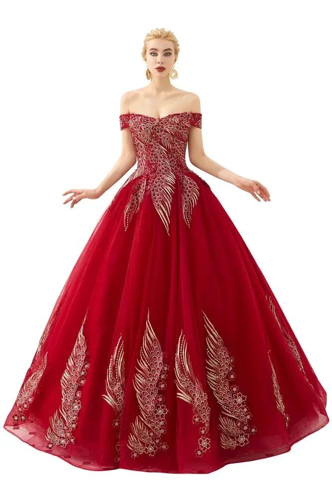 Modern Sleeveless aline Ball Gown Gold Appliques Off the Shoulder Tulle Party Gowns by misshow.com