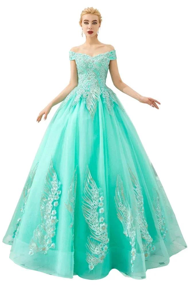 Modern Sleeveless aline Ball Gown Gold Appliques Off the Shoulder Tulle Party Gowns by misshow.com