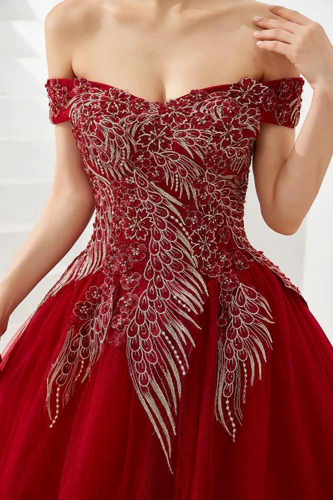 Modern Sleeveless aline Ball Gown Gold Appliques Off the Shoulder Tulle Party Gowns by misshow.com