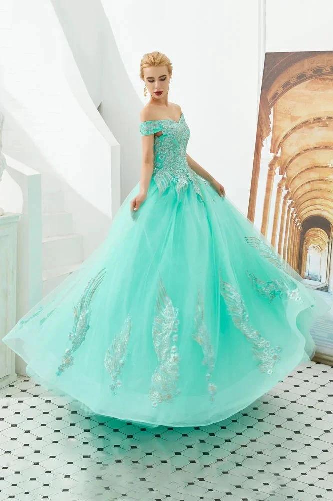 Modern Sleeveless aline Ball Gown Gold Appliques Off the Shoulder Tulle Party Gowns by misshow.com