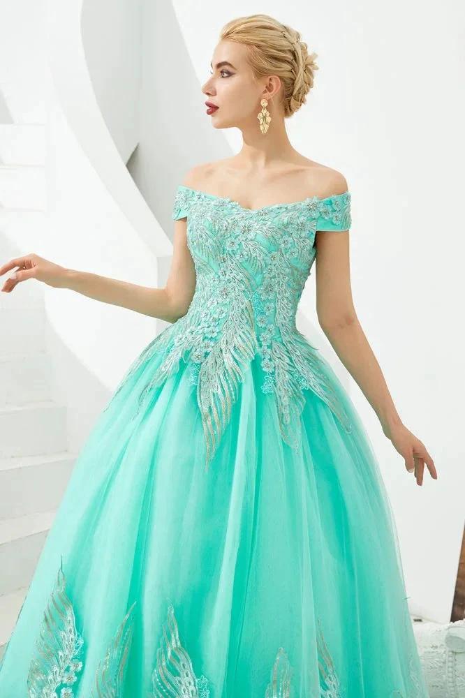 Modern Sleeveless aline Ball Gown Gold Appliques Off the Shoulder Tulle Party Gowns by misshow.com