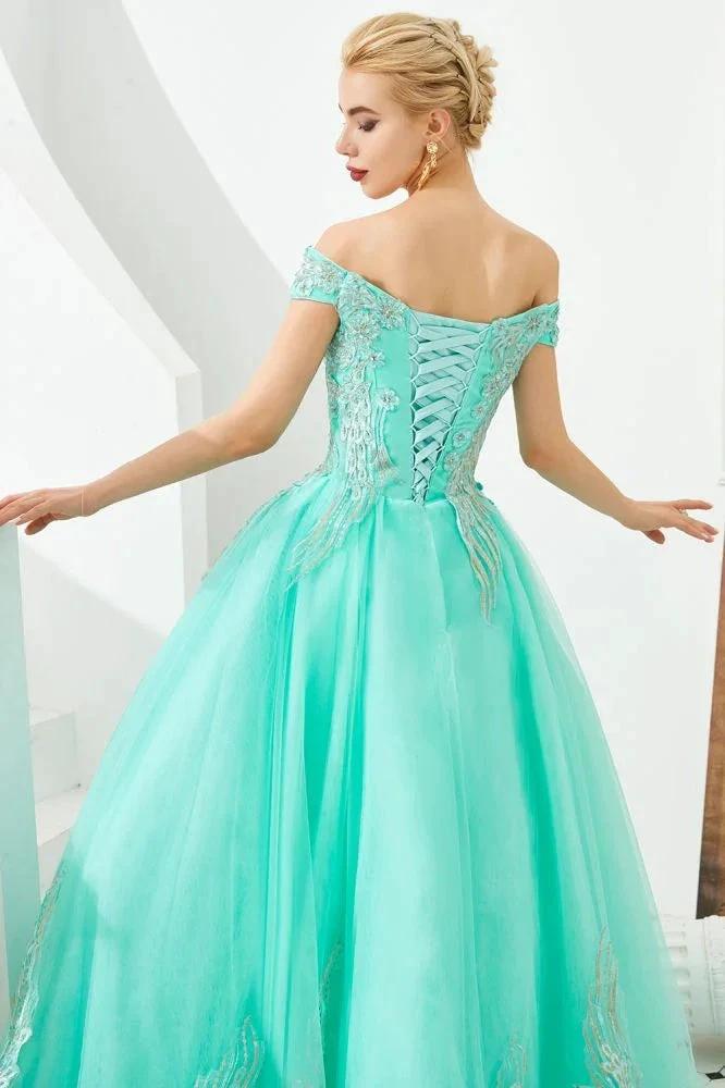 Modern Sleeveless aline Ball Gown Gold Appliques Off the Shoulder Tulle Party Gowns by misshow.com
