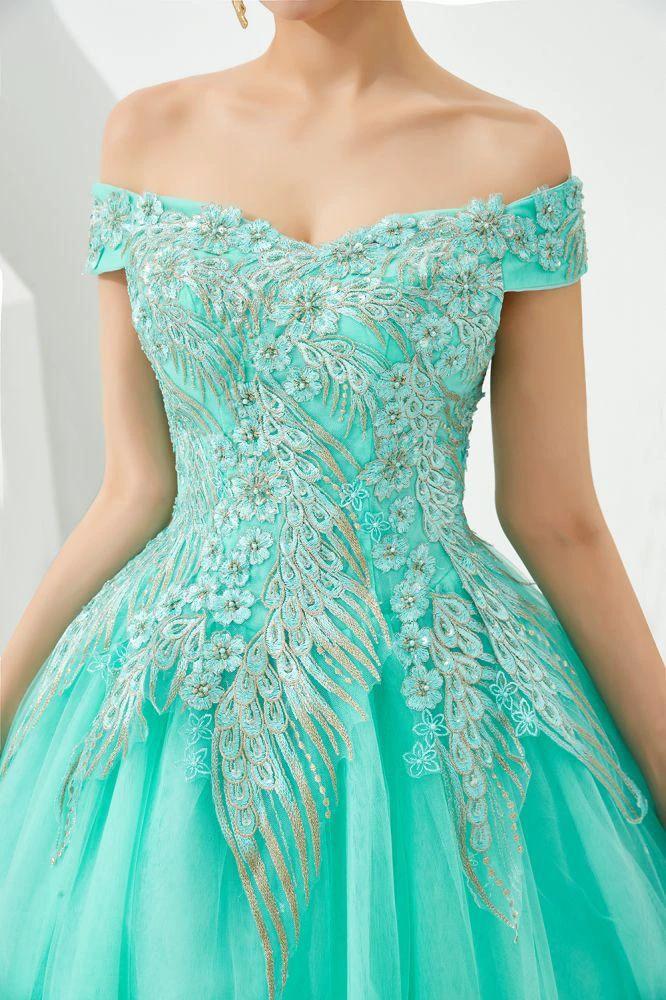 Modern Sleeveless aline Ball Gown Gold Appliques Off the Shoulder Tulle Party Gowns by misshow.com