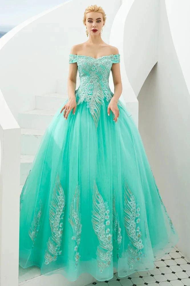 Modern Sleeveless aline Ball Gown Gold Appliques Off the Shoulder Tulle Party Gowns by misshow.com