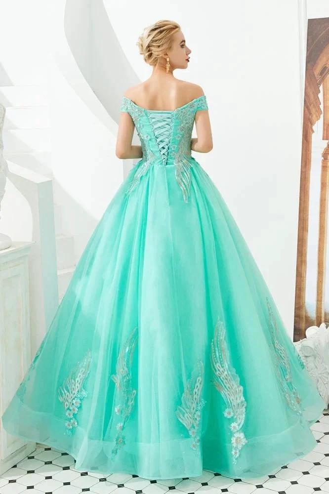 Modern Sleeveless aline Ball Gown Gold Appliques Off the Shoulder Tulle Party Gowns by misshow.com