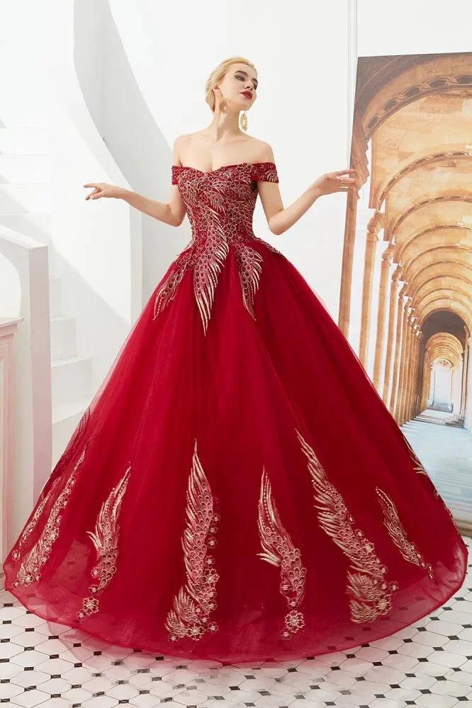 Modern Sleeveless aline Ball Gown Gold Appliques Off the Shoulder Tulle Party Gowns by misshow.com