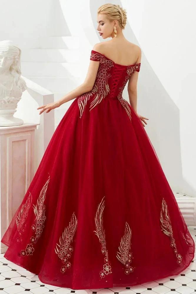 Modern Sleeveless aline Ball Gown Gold Appliques Off the Shoulder Tulle Party Gowns by misshow.com
