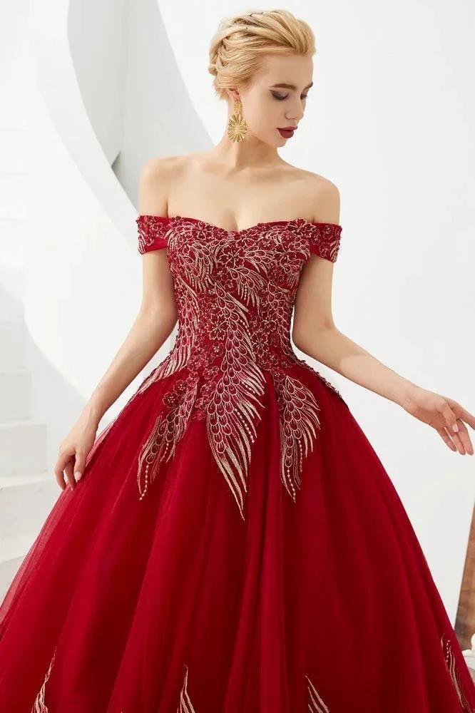 Modern Sleeveless aline Ball Gown Gold Appliques Off the Shoulder Tulle Party Gowns by misshow.com