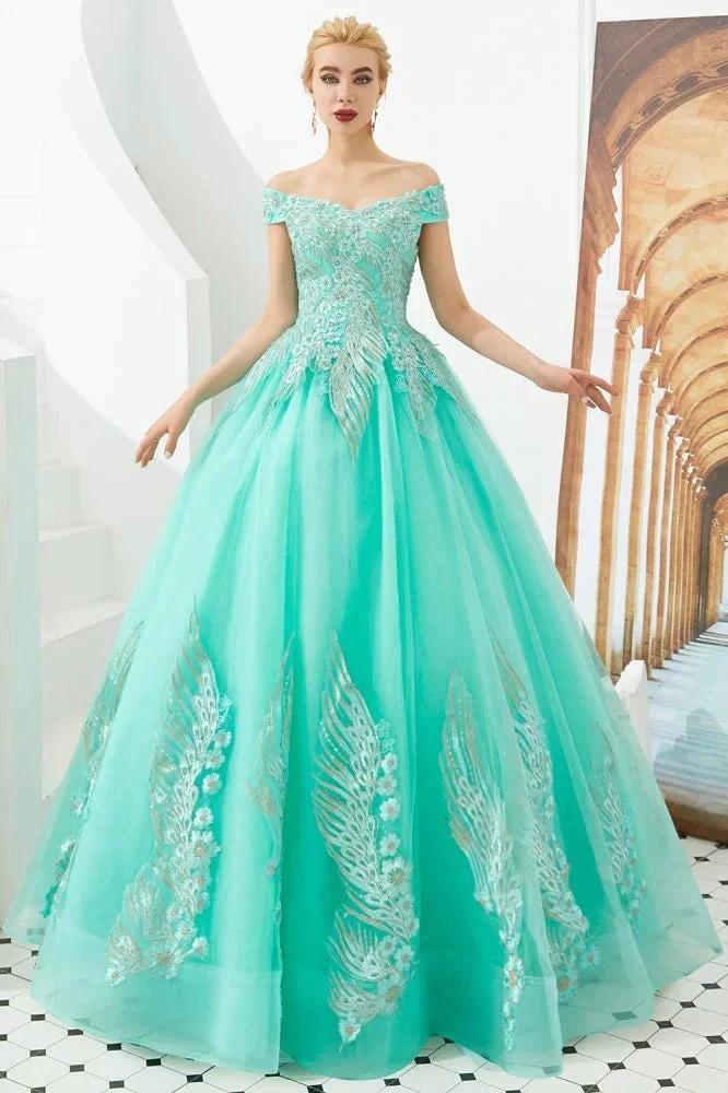 Modern Sleeveless aline Ball Gown Gold Appliques Off the Shoulder Tulle Party Gowns by misshow.com