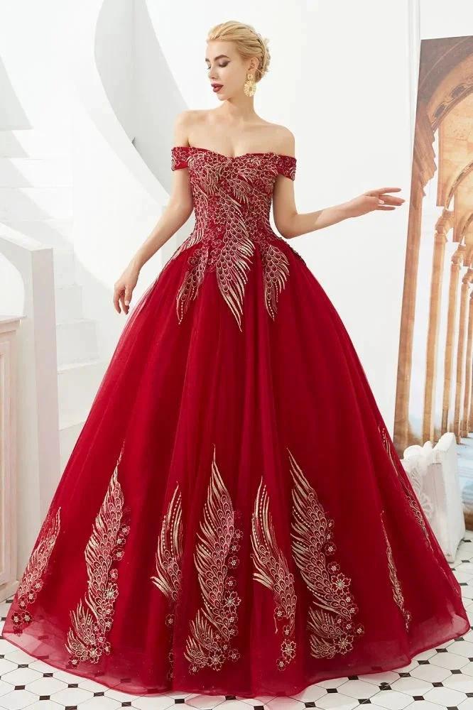 Modern Sleeveless aline Ball Gown Gold Appliques Off the Shoulder Tulle Party Gowns by misshow.com
