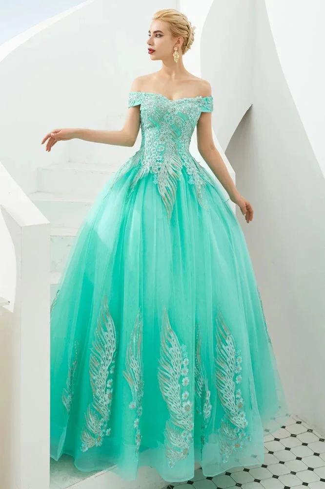 Modern Sleeveless aline Ball Gown Gold Appliques Off the Shoulder Tulle Party Gowns by misshow.com
