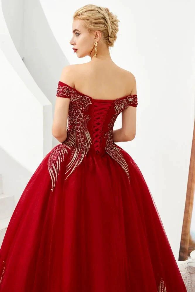 Modern Sleeveless aline Ball Gown Gold Appliques Off the Shoulder Tulle Party Gowns by misshow.com