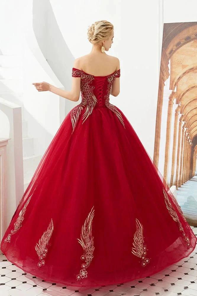 Modern Sleeveless aline Ball Gown Gold Appliques Off the Shoulder Tulle Party Gowns by misshow.com