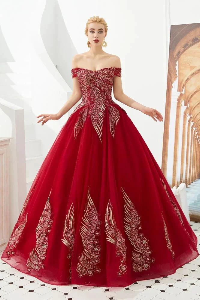 Modern Sleeveless aline Ball Gown Gold Appliques Off the Shoulder Tulle Party Gowns by misshow.com