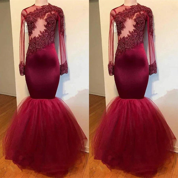 Modest Lace Appliques Long Sleeve Mermaid Prom Dress by misshow.com