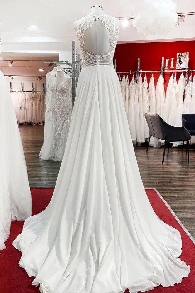 Modest Long A-line Chiffon Jewel Appliques Open Back Wedding Dress by BIZTUNNEL