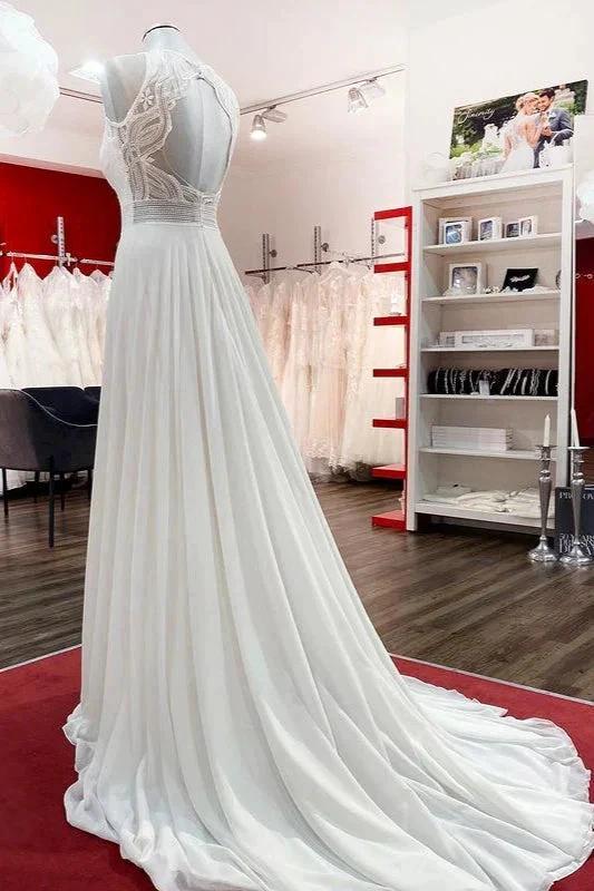 Modest Long A-line Chiffon Jewel Appliques Open Back Wedding Dress by BIZTUNNEL
