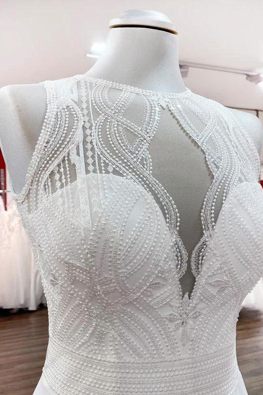Modest Long A-line Chiffon Jewel Appliques Open Back Wedding Dress by BIZTUNNEL