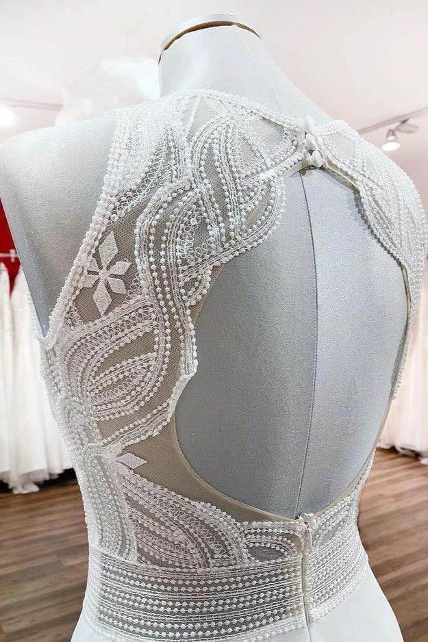 Modest Long A-line Chiffon Jewel Appliques Open Back Wedding Dress by BIZTUNNEL