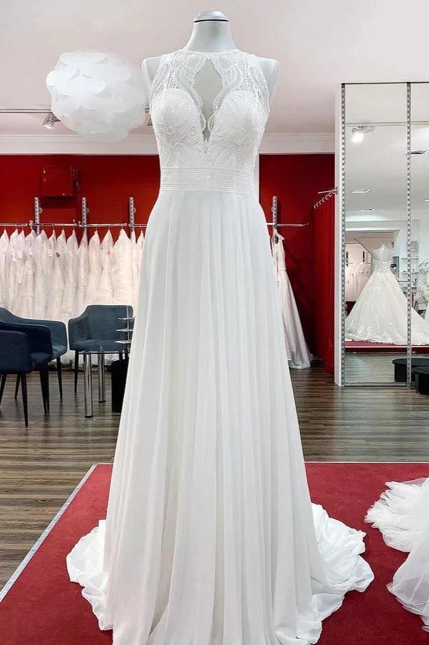 Modest Long A-line Chiffon Jewel Appliques Open Back Wedding Dress by BIZTUNNEL
