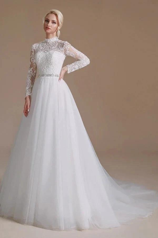Modest Long A-line High Neck Tulle Lace Wedding Dresses with Sleeves by BIZTUNNEL