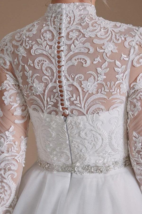 Modest Long A-line High Neck Tulle Lace Wedding Dresses with Sleeves by BIZTUNNEL