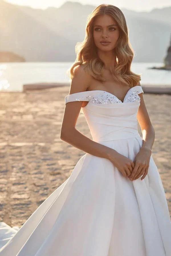 Modest Long A-line off the Shoulder Ruched Satin Wedding Dress with Crystals by BIZTUNNEL