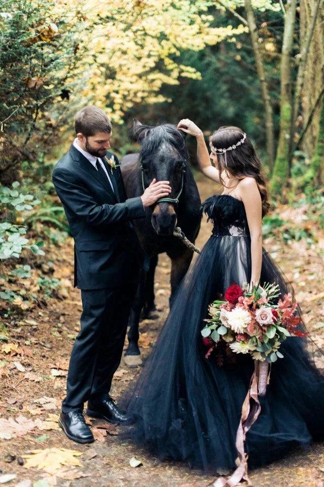Modest Long A-line Princess Strapless Tulle Black Wedding Dress with Appliques Lace by BIZTUNNEL