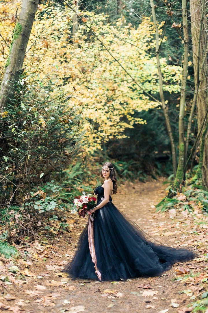 Modest Long A-line Princess Strapless Tulle Black Wedding Dress with Appliques Lace by BIZTUNNEL